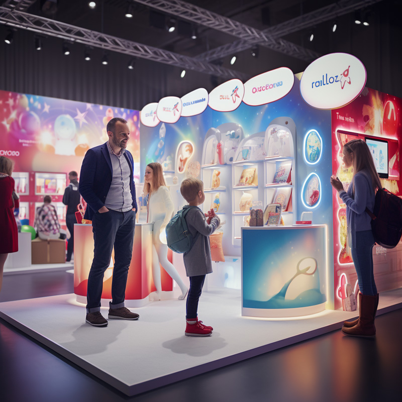 Rendered image of a small exhibition stand for a toy company