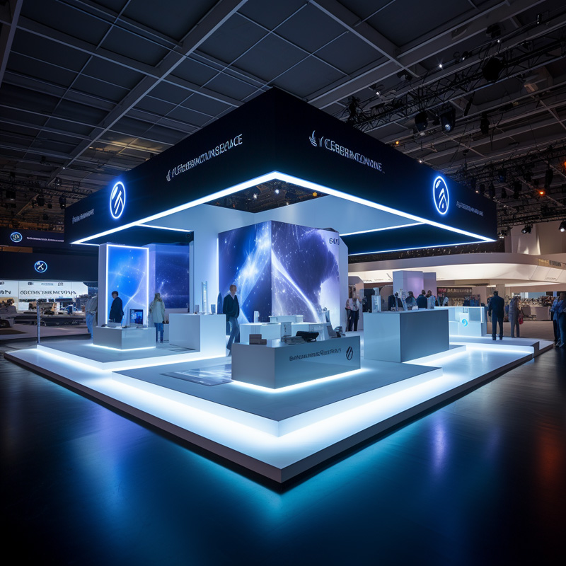 A rendered image of a modern exhibition stand with large screens and lighting